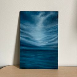 blue storm painting, small oil painting, seascape wall decor, ocean painting