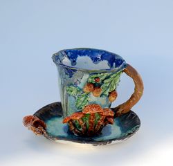 ,mushrooms teacup and saucer, oak leaves and acorns decor, green forest tea set embossed cup saucer with mushrooms decor