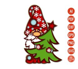 layered gnome mandala with christmas tree svg, gnome svg files for cricut, gnome cutting template