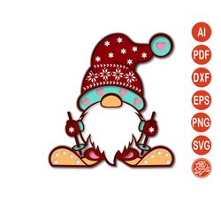 layered gnome skiing mandala svg, dxf files for cricut, gnome cutting template