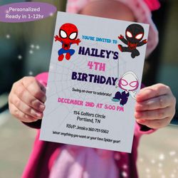 custom spidey invitation, superhero invite, spider friends digital invitation, ghost girl spidey birthday invitation