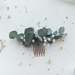 pearl sage green hair comb wedding headpiece with eucalyptus leaves and pearls bridal hair piece rustic classic wedding