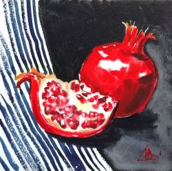 fruit  painting pomegranate original art food watercolor art 9" by 9" by artmadeira