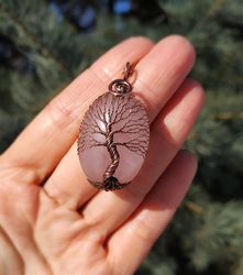 copper 7th wedding anniversary gift for wife, rose quartz wire wrapped tree of life pendant, yggdrasil world tree amulet