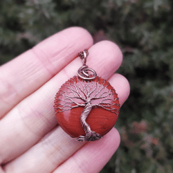 red full moon halloween necklace, jasper tree of life talisman pendant, celtic yggdrasil world tree amulet necklace
