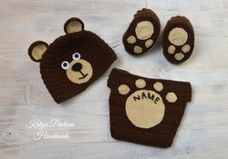 baby bear outfit clothes personalized gifts boy girl newborn hat crochet shoes booties monogram diaper cover set suit