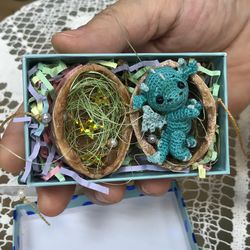 mini dragon. dragon in a nutshell. tiny crochet dragon. crochet teal dragon. miniature dragon.