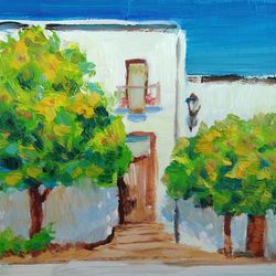 santorini painting greece original art tree artwork small wall art 6x6 by sonnegold