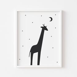 giraffe poster, giraffe nursery wall art, monochrome safari, monochrome giraffe, giraffe print, giraffe with stars