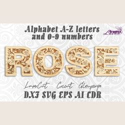 rose alphabet 26 letters 10 numbers laser cut vector, cnc plan, glowforge, cricut, any thickness, dxf cdr svg ai eps