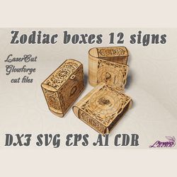 zodiac 12 boxes vector models for laser cut vectorplan, 3 mm, dxf cdr ai eps svg vector files for laser cut, download