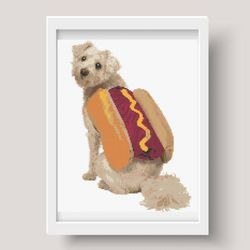 cross stitch pattern, pdf, dog dressed as a hot dog