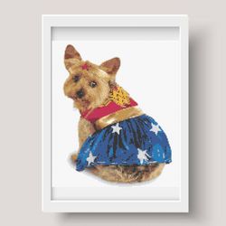 cross stitch pattern, pdf, dog dressed as a superhero