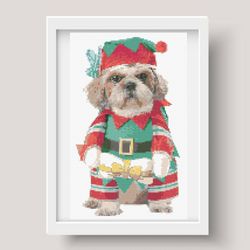 cross stitch pattern, pdf, dog dressed as a christmas gnome