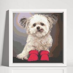 cross stitch pattern, pdf, dog in red shoes