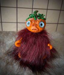 halloween pumpkin toy, fantasy creature pumpkin, stuffed pumpkin, stuffed toy, fantasy creature, poseable art doll,