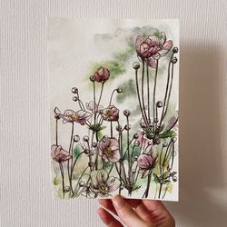 watercolor flowers, original painting on paper, 5"x8"