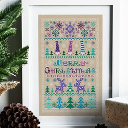 merry christmas sampler cross stitch, christmas gnomes, christmas deer, primitive cross stitch, digital pdf