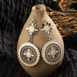 boho ethnic flower oil drop dangle earrings - bohemian multiple colors dangle earrings.