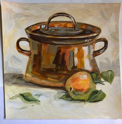 pot and apple original oil painting on paper 10x10 inch wall art hand painted