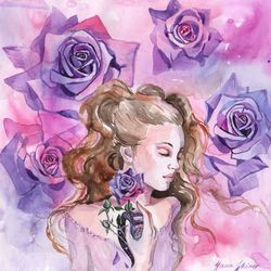 woman painting girl and flowers original art roses watercolor floral artwork