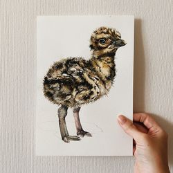 original watercolor cute baby ostrich, illustration on paper, size 5,5"x9"