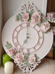 large wall clock with roses shabby chic decor pink wall clock silent wall clock for bedroom wedding gift