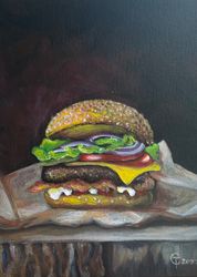 acrylic painting with a burger on a black background