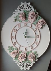 large pink wall clock with roses shabby chic decor wedding gift silent wall clock for bedroom , children's room