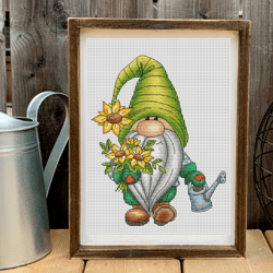 Garden gnome cross stitch pattern PDF, sunflower gnome, sunflower cross stitch, summer cross stitch