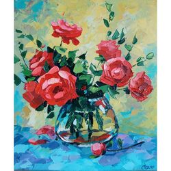 red roses oil painting original art flowers canvas