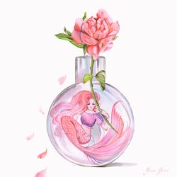 mermaid painting mermaid original art peony flower watercolor floral artwork