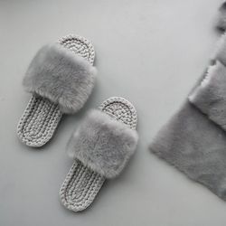 home slippers gray women's open-toe faux made of faux fur. cotton shoes