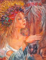 oil painting "forest princess" forest beauty with a horse.