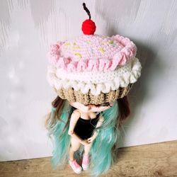 blythe hat crochet white pink cupcake for blythe doll halloween outfit doll clothes blythe accessories