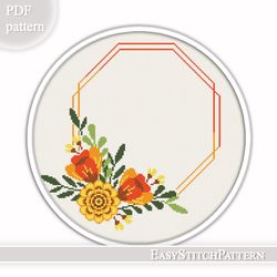 flower cross stitch pattern. floral wreath cross stitch. flower frame cross stitch.