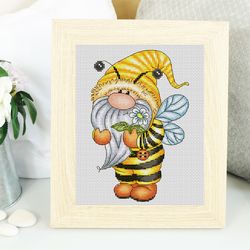 bumblebee gnome cross stitch pattern pdf, gnome cross stitch, bee cross stitch, summer cross stitch