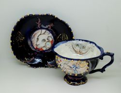 cobalt blue tea cup and saucer set alice wonderland surprise mug smile cheshire cat texture mug gold painting porcelain