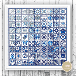 sampler cross stitch patchwork tiles geometric squares blue- ethnic folk art design pdf counted chart 87