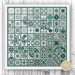 cross stitch pattern patchwork tiles - green sampler - geometric sguares - ethnic folk art dezing  pdf 88