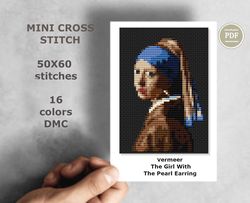 mini cross stitch pattern modern tiny art - vermeer - girl with a pearl earring famous art tiny miniature painting cross