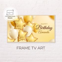 samsung frame tv art | custom personalized gold and white balloons happy birthday art for the frame tv