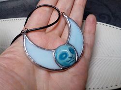 stained glass blue moon, moon phase necklace, stainglass crescent, full moon pendant, moon face