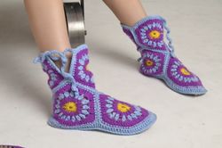 crocheted socks with soles, granny square, warm winter socks, home shoes