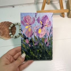 iris flower painting original art meadow miniature landscape palette knife small wall art