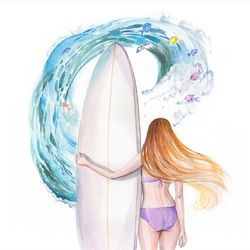 surfer painting girl surfer original art surfing watercolor wave artwork