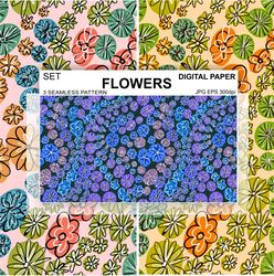 doodle flowers seamless pattern digital paper vector set  design surface fabric scrapbooking background wallpaper