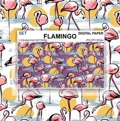 flamingos seamless pattern digital paper endless background vector set wallpaper  design surface fabric scrapbooking