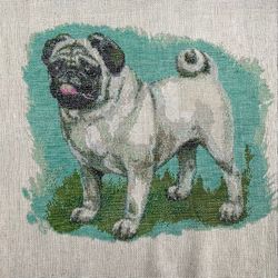 embroidered picture pug. handmade cross stitch finished product unframed. home decor.