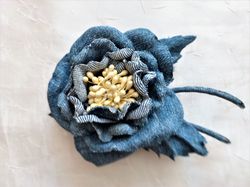 brooch on denim jacket, denim flower brooch, denim jewelry, denim floral brooch, denim jeans brooch, rose denim brooch